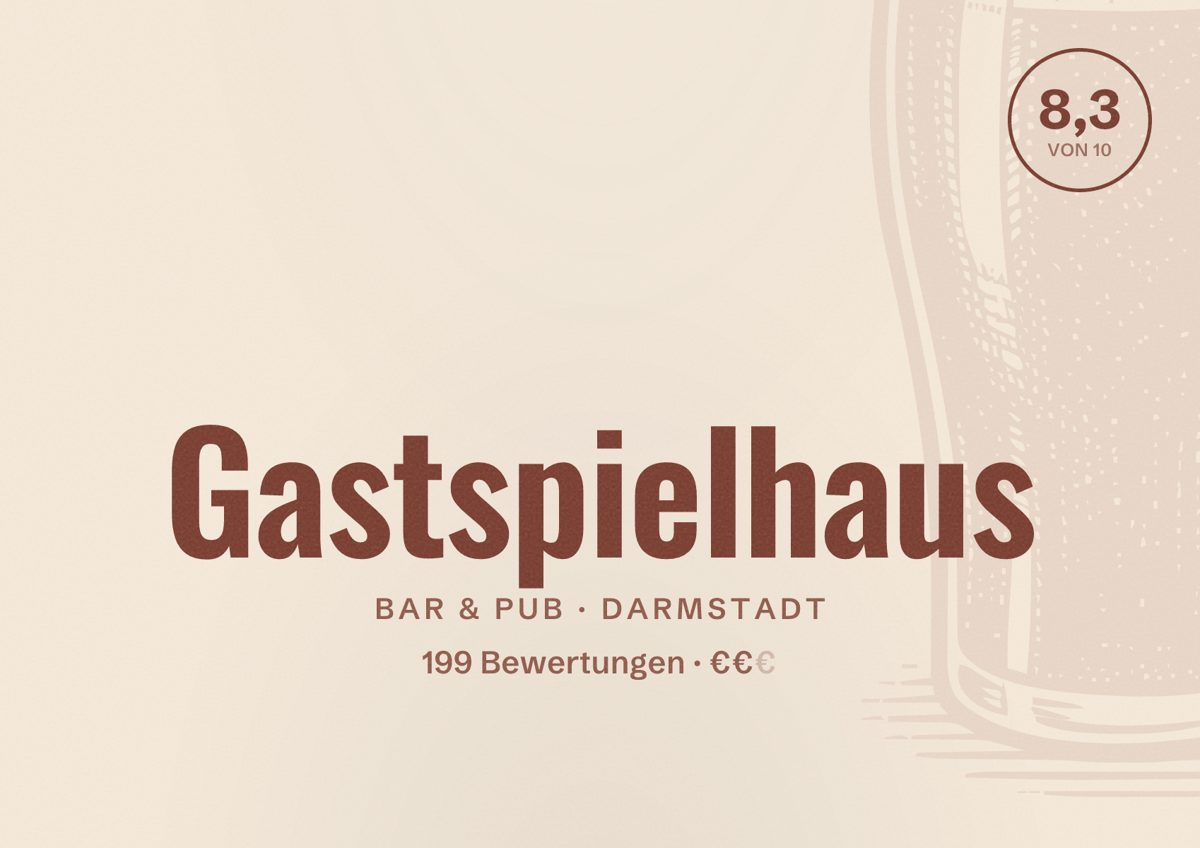 Illustriertes Poster von Gastspielhaus, Bar & Pub in Darmstadt: Bewertung 8,3 von 10 aus 199 Bewertungen, Preisniveau €€