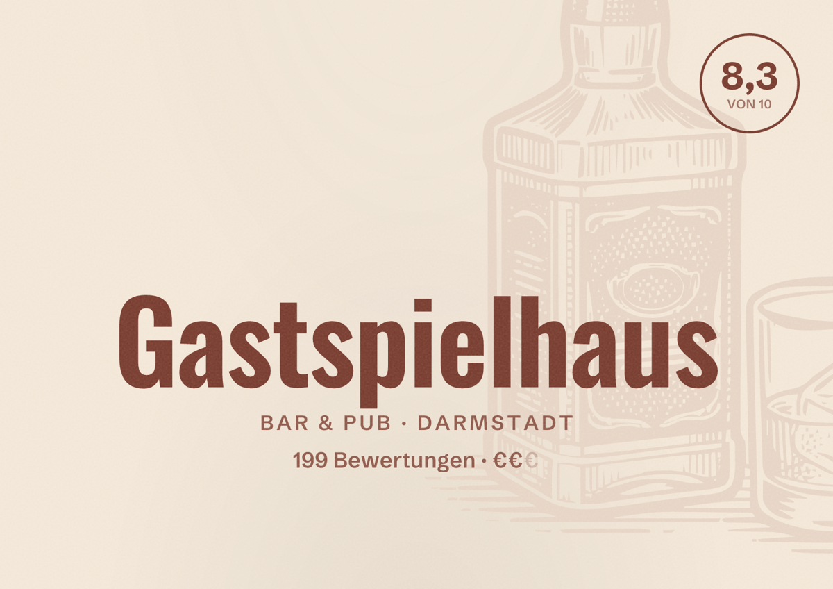 Illustriertes Poster von Gastspielhaus, Bar & Pub in Darmstadt: Bewertung 8,3 von 10 aus 199 Bewertungen, Preisniveau €€