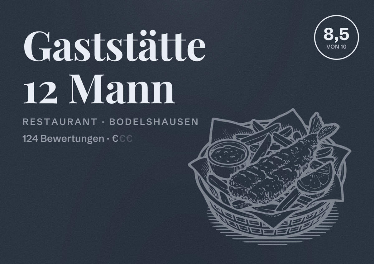 Illustriertes Poster von Gaststätte 12 Mann, Restaurant in Bodelshausen: Bewertung 8,5 von 10 aus 124 Bewertungen, Preisniveau €