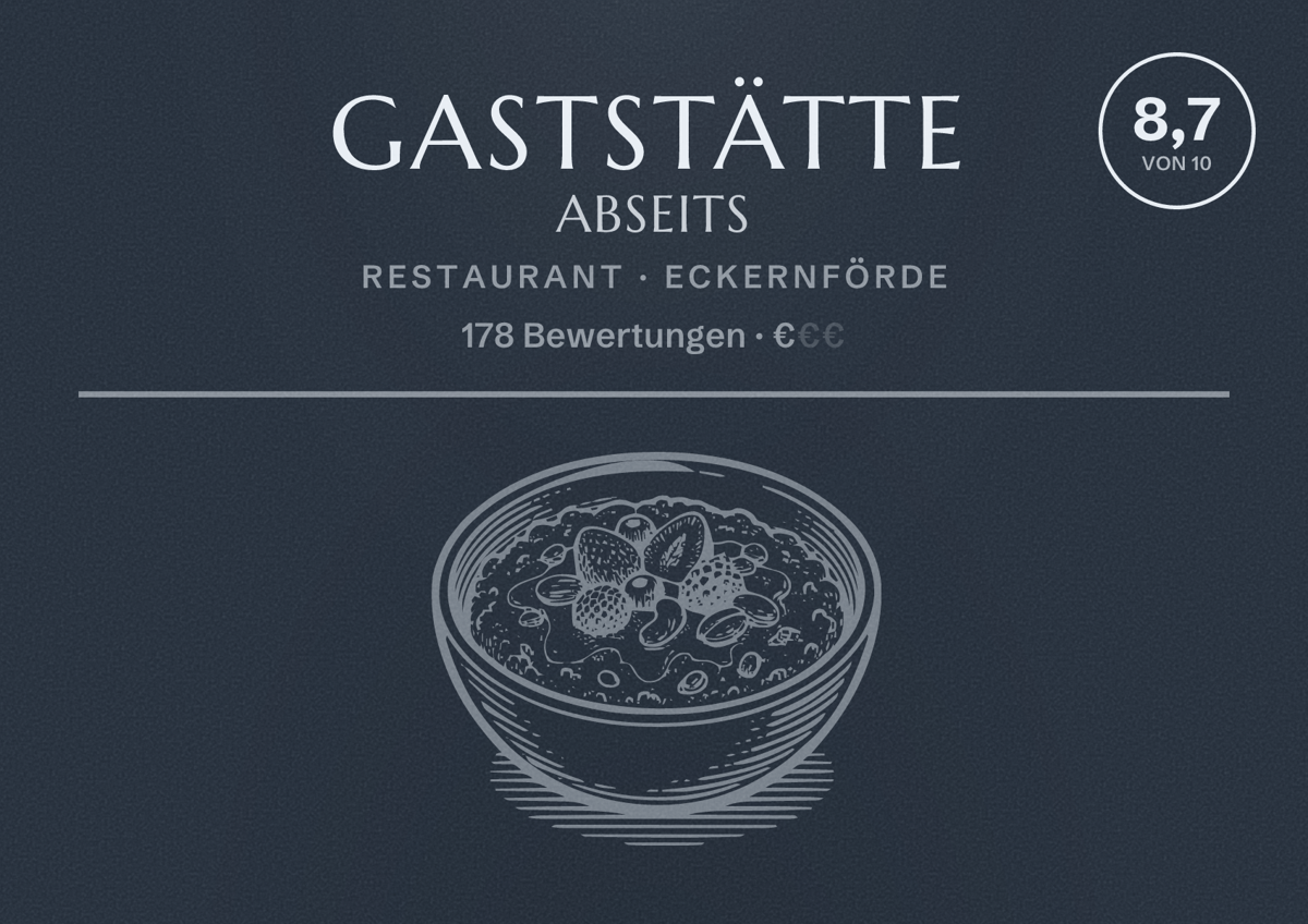 Illustriertes Poster von Gaststätte Abseits, Restaurant in Eckernförde: Bewertung 8,7 von 10 aus 178 Bewertungen, Preisniveau €
