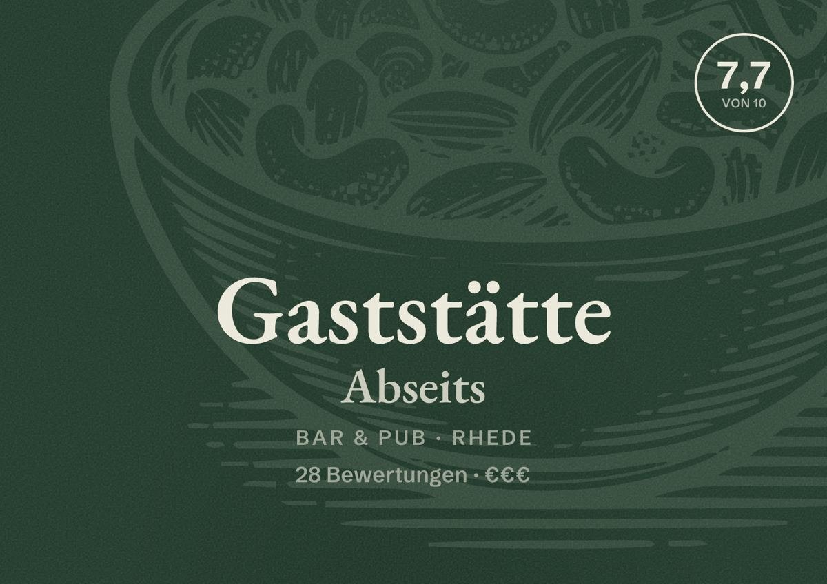 Illustriertes Poster von Gaststätte Abseits, Bar & Pub in Rhede: Bewertung 7,7 von 10 aus 28 Bewertungen, Preisniveau €€€