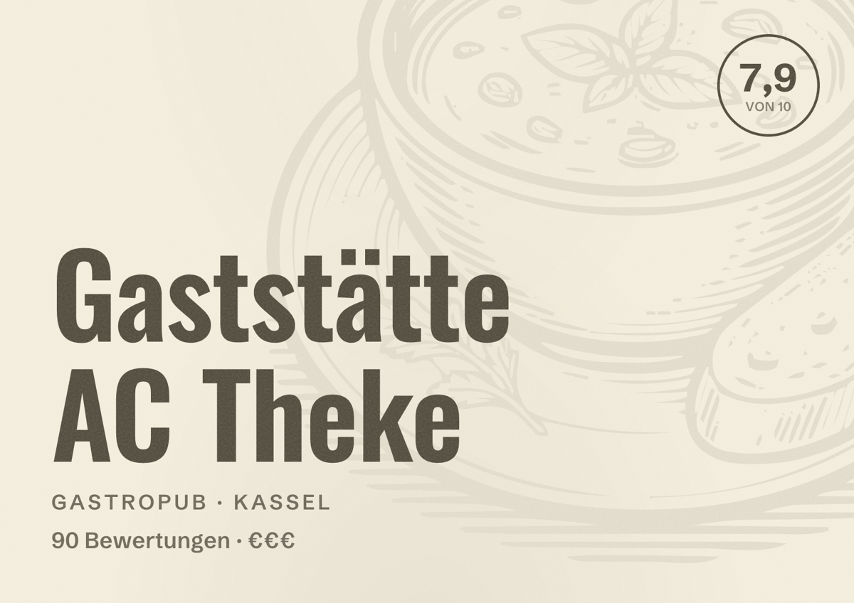 Illustriertes Poster von Gaststätte AC Theke, Gastropub in Kassel: Bewertung 7,9 von 10 aus 90 Bewertungen, Preisniveau €€€