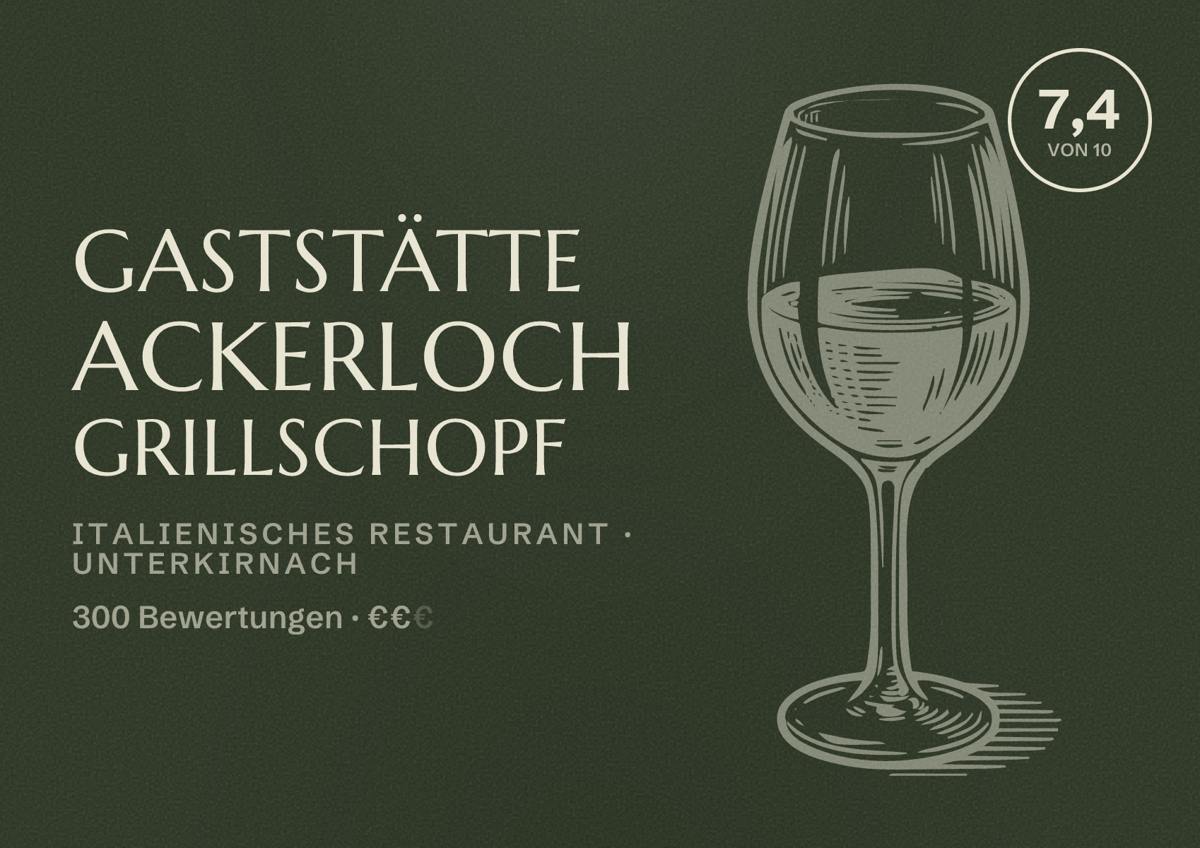 Illustriertes Poster von Gaststätte Ackerloch Grillschopf, Italienisches Restaurant in Unterkirnach: Bewertung 7,4 von 10 aus 300 Bewertungen, Preisniveau €€