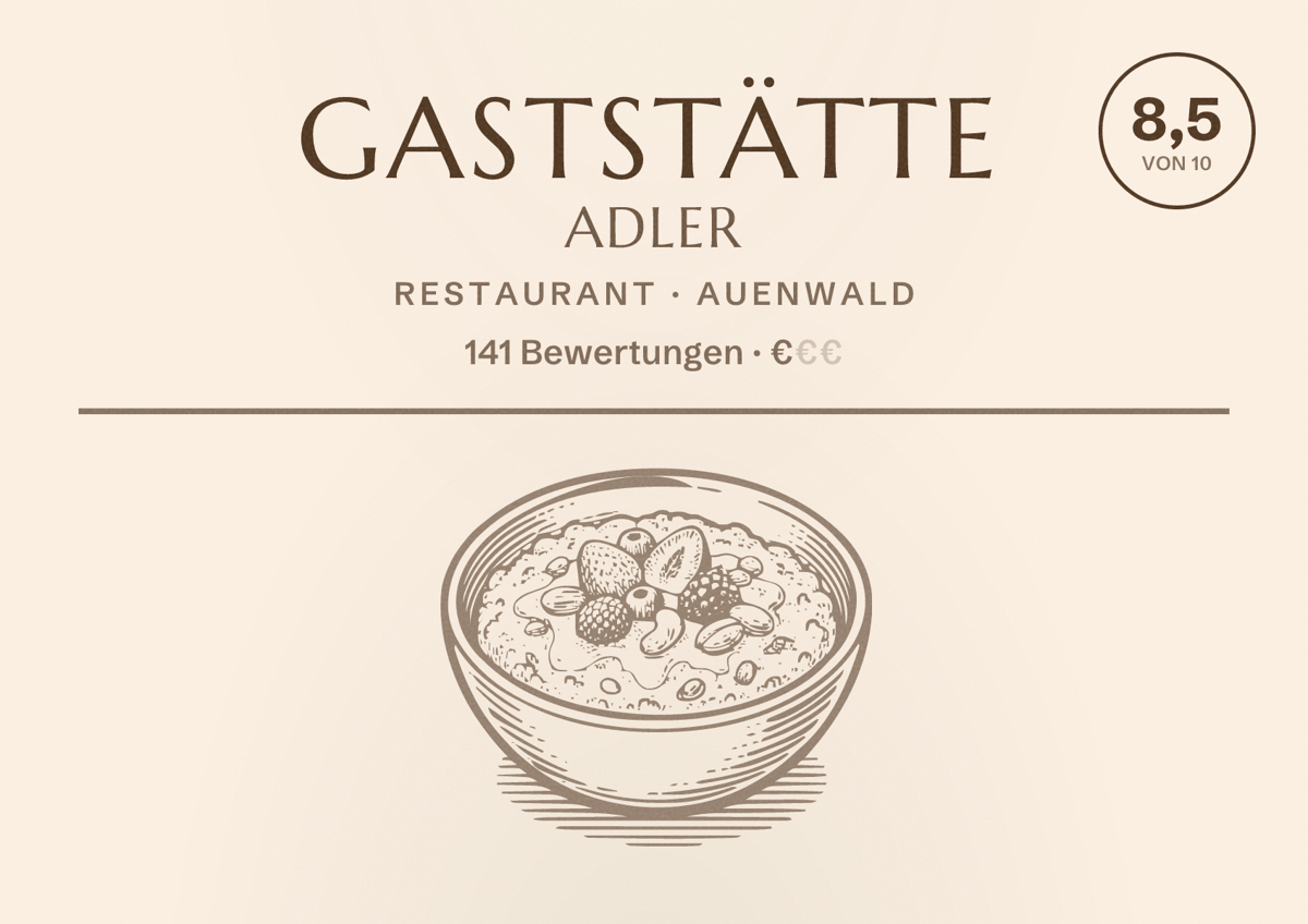 Illustriertes Poster von Gaststätte Adler, Restaurant in Auenwald: Bewertung 8,5 von 10 aus 141 Bewertungen, Preisniveau €