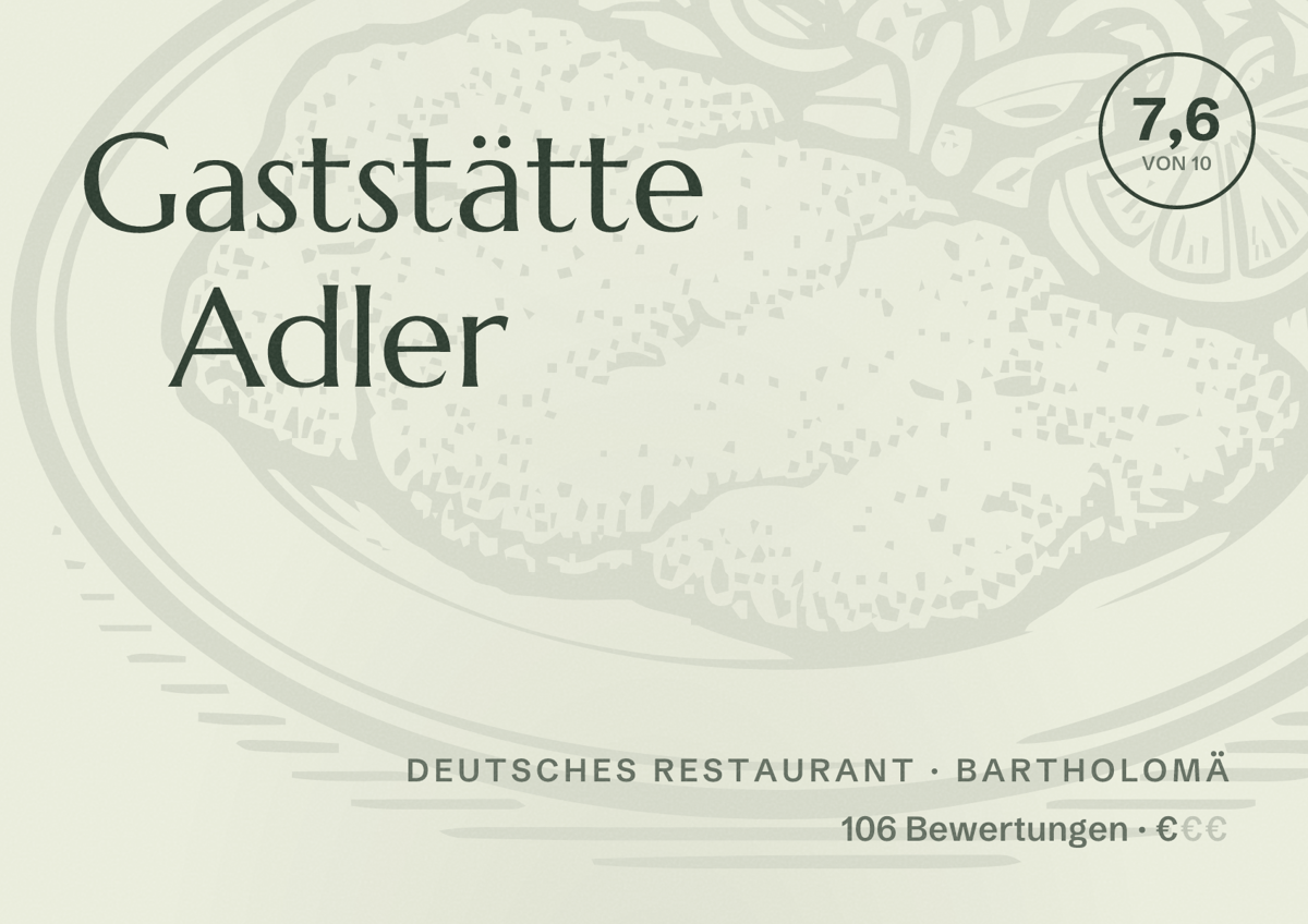 Illustriertes Poster von Gaststätte Adler, Deutsches Restaurant in Bartholomä: Bewertung 7,6 von 10 aus 106 Bewertungen, Preisniveau €