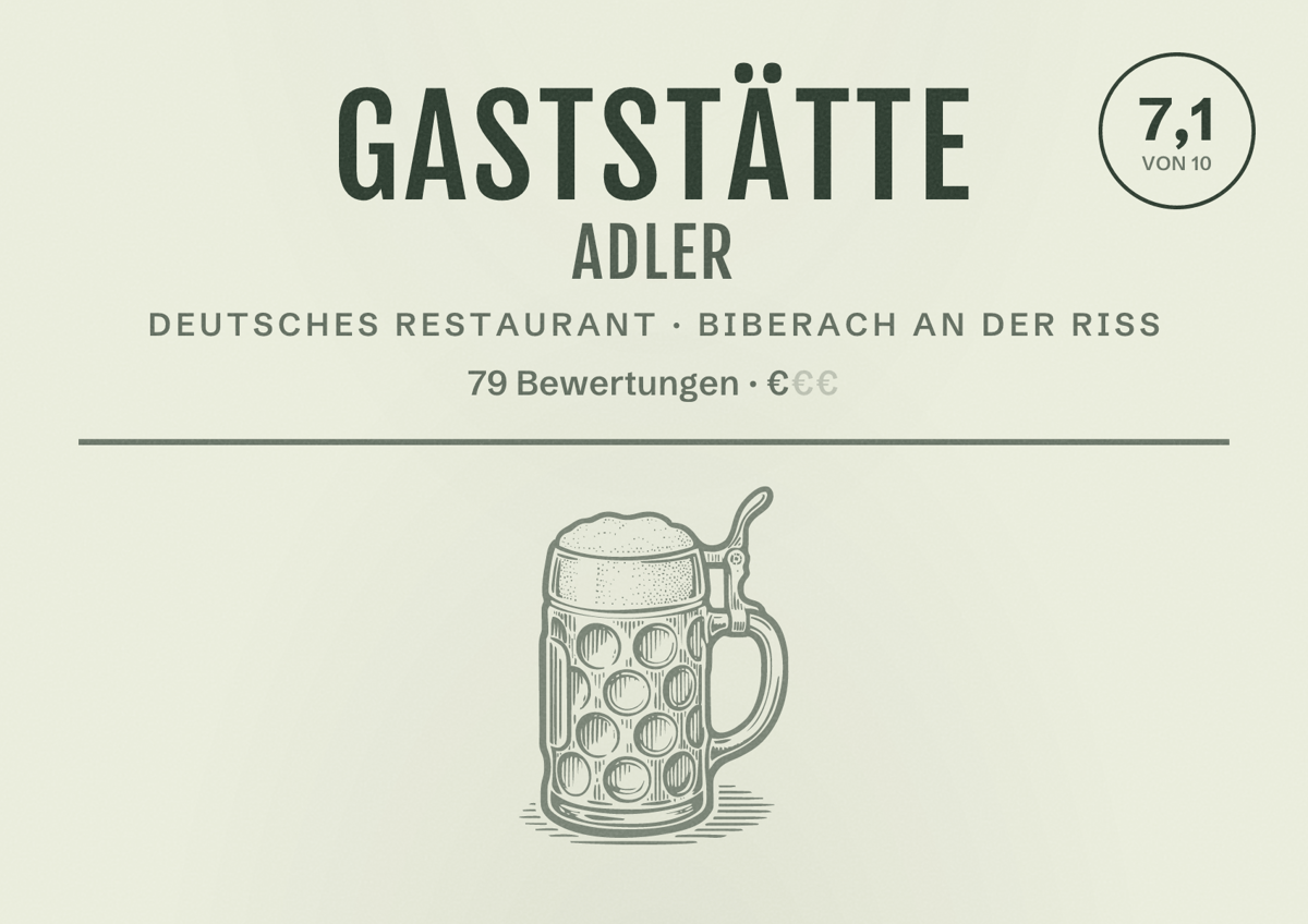 Illustriertes Poster von Gaststätte Adler, Deutsches Restaurant in Biberach an der Riß: Bewertung 7,1 von 10 aus 79 Bewertungen, Preisniveau €