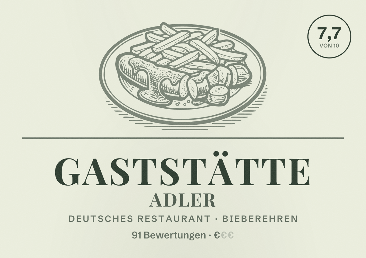 Illustriertes Poster von Gaststätte Adler, Deutsches Restaurant in Bieberehren: Bewertung 7,7 von 10 aus 91 Bewertungen, Preisniveau €