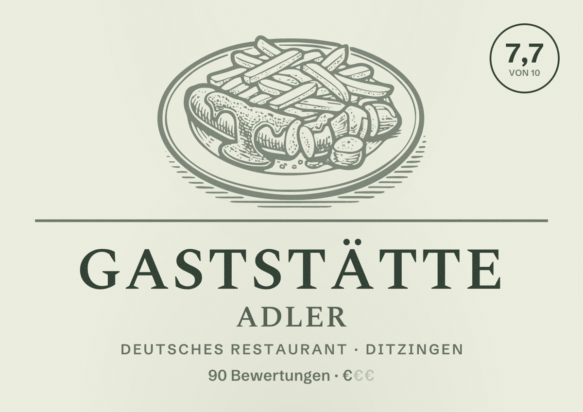 Illustriertes Poster von Gaststätte Adler, Deutsches Restaurant in Ditzingen: Bewertung 7,7 von 10 aus 90 Bewertungen, Preisniveau €