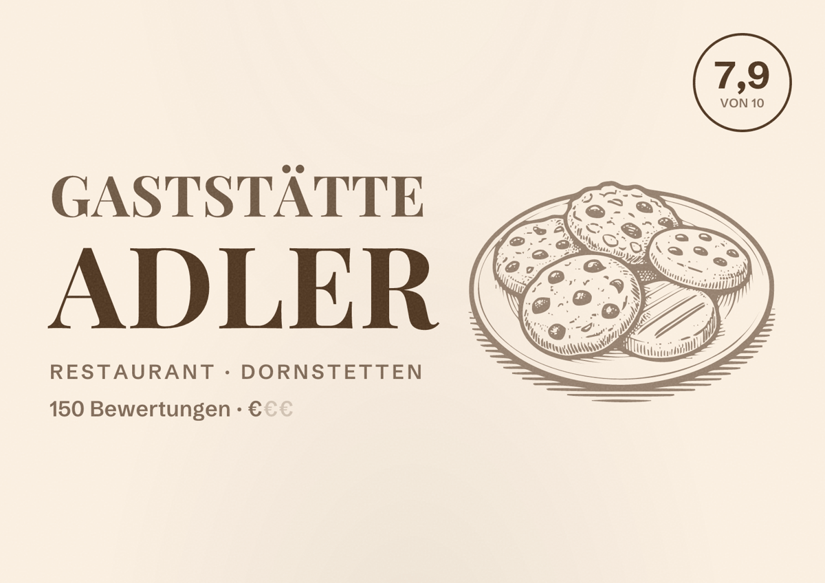 Illustriertes Poster von Gaststätte Adler, Restaurant in Dornstetten: Bewertung 7,9 von 10 aus 150 Bewertungen, Preisniveau €
