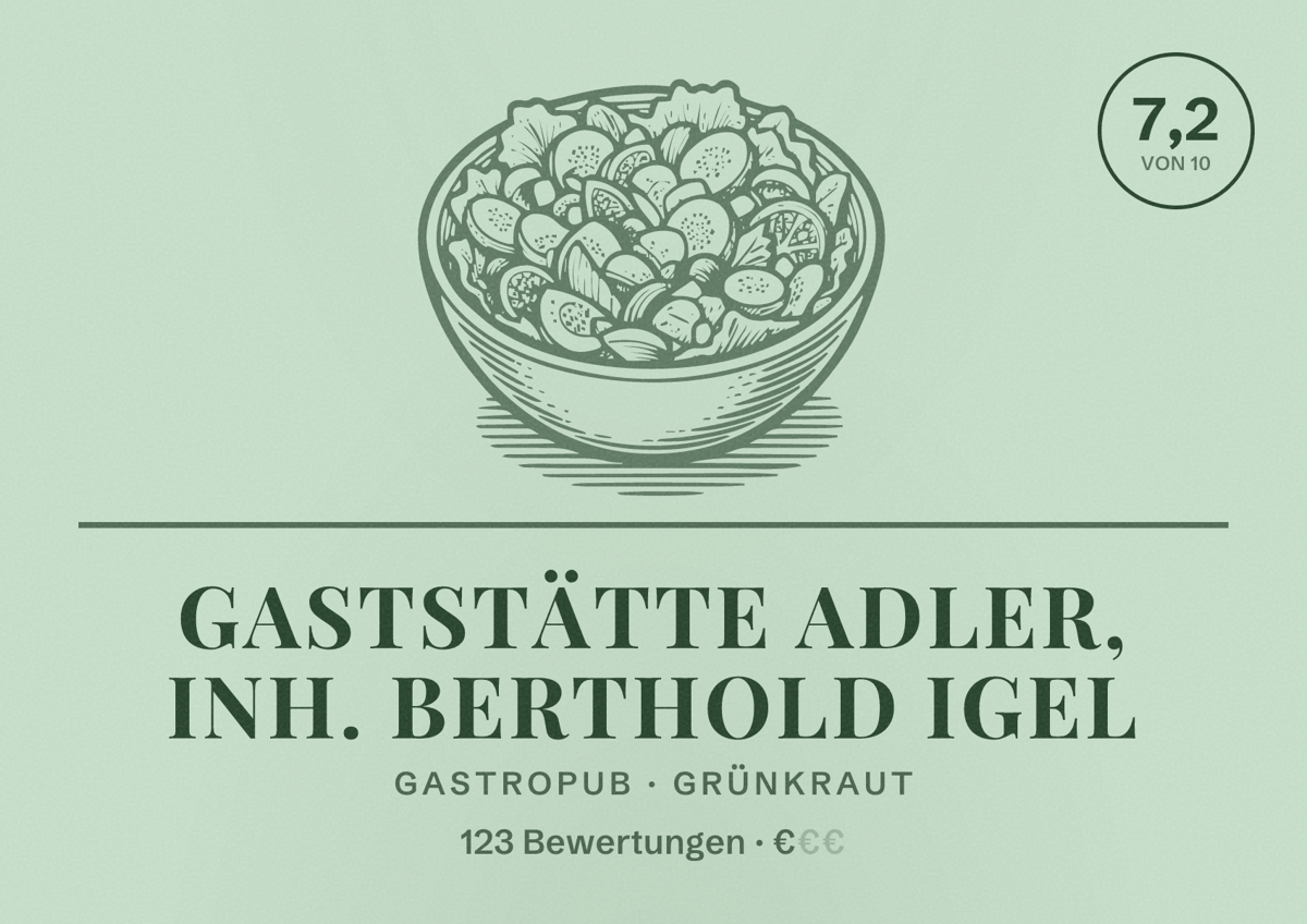 Illustriertes Poster von Gaststätte Adler, Inh. Berthold Igel, Gastropub in Grünkraut: Bewertung 7,2 von 10 aus 123 Bewertungen, Preisniveau €