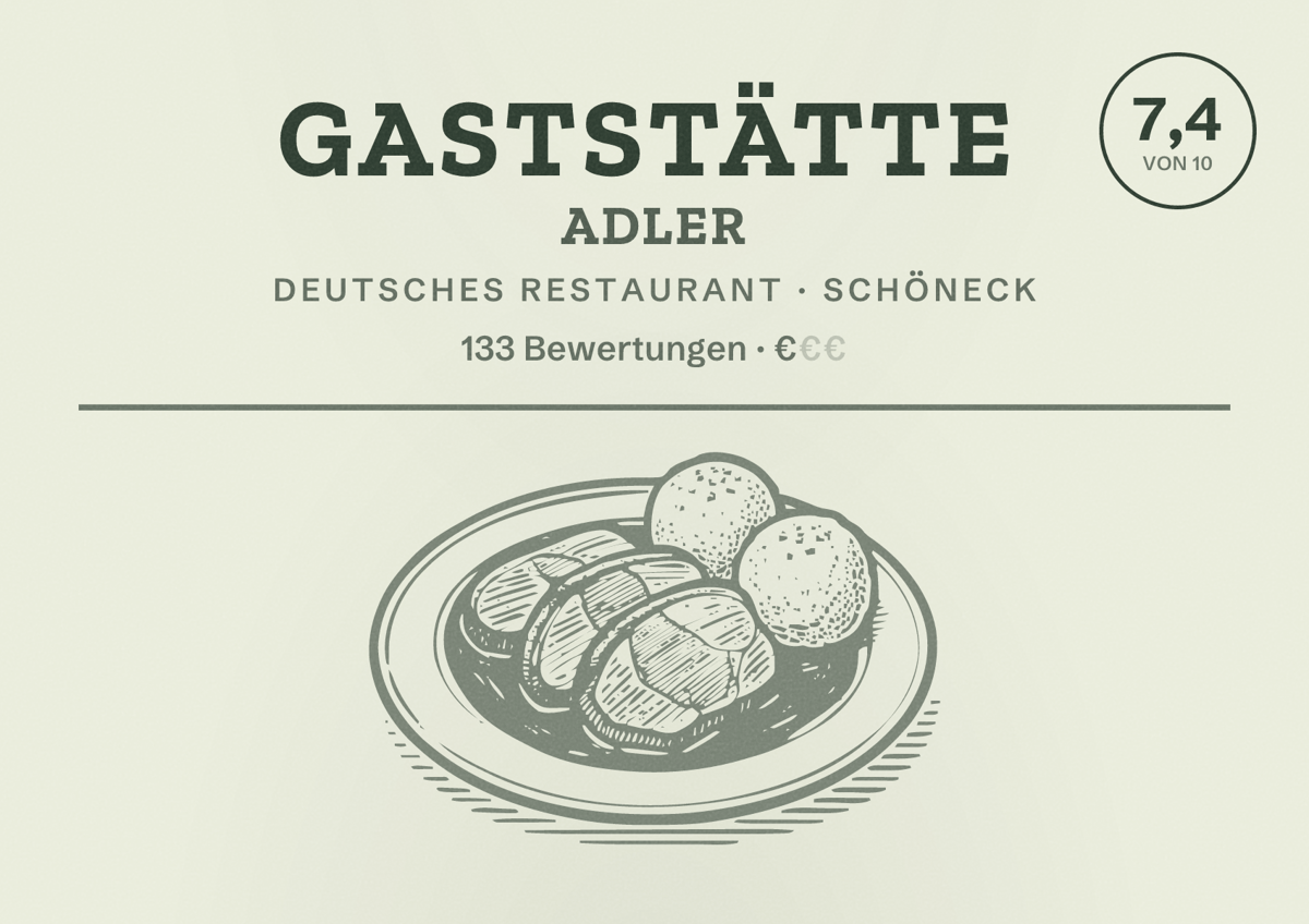 Illustriertes Poster von Gaststätte Adler, Deutsches Restaurant in Schöneck: Bewertung 7,4 von 10 aus 133 Bewertungen, Preisniveau €