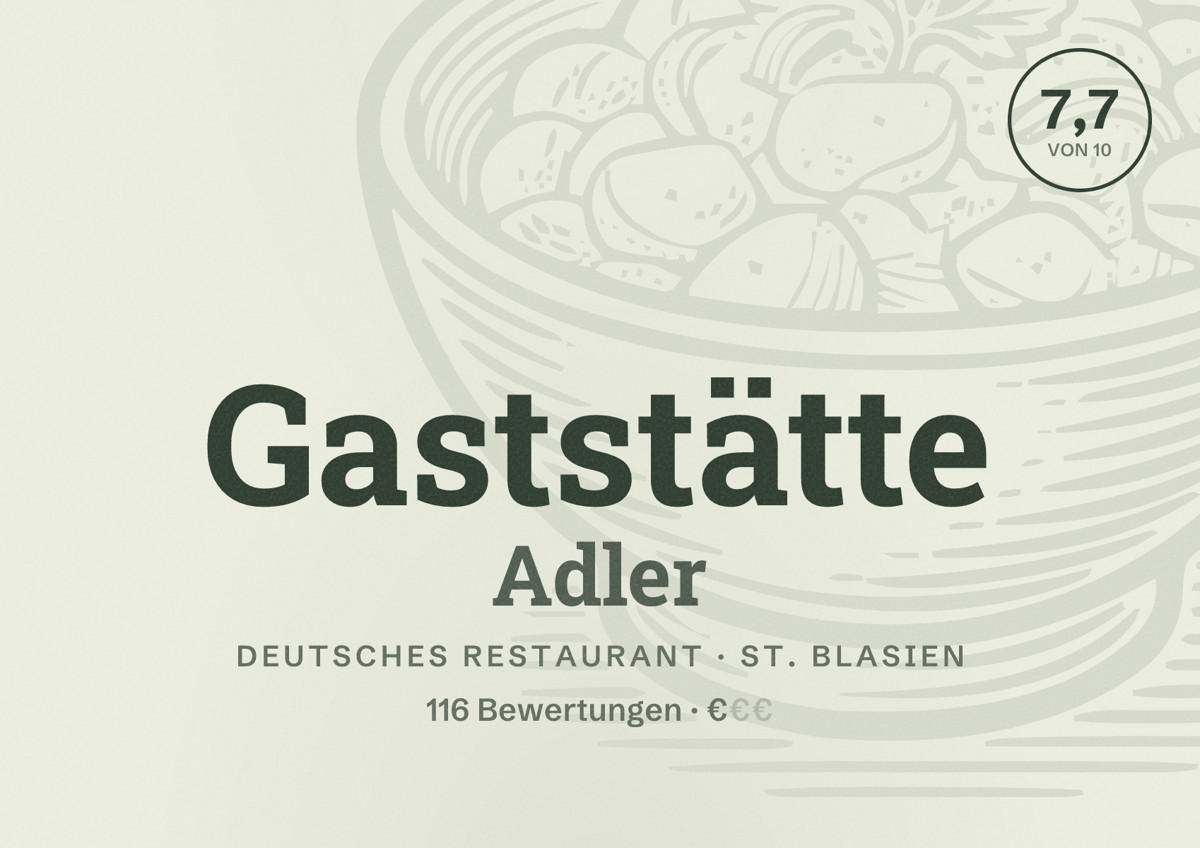Illustriertes Poster von Gaststätte Adler, Deutsches Restaurant in St. Blasien: Bewertung 7,7 von 10 aus 116 Bewertungen, Preisniveau €