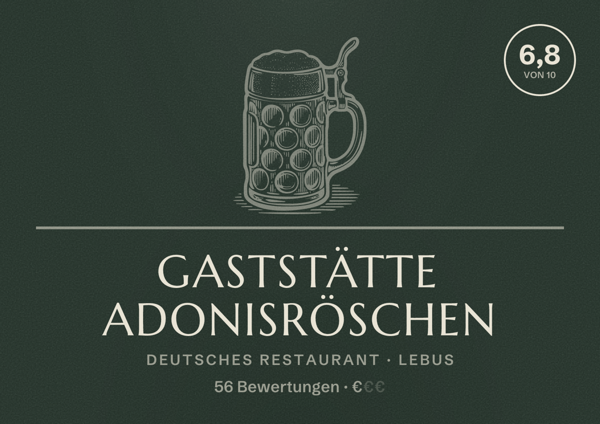Illustriertes Poster von Gaststätte Adonisröschen, Deutsches Restaurant in Lebus: Bewertung 6,8 von 10 aus 56 Bewertungen, Preisniveau €