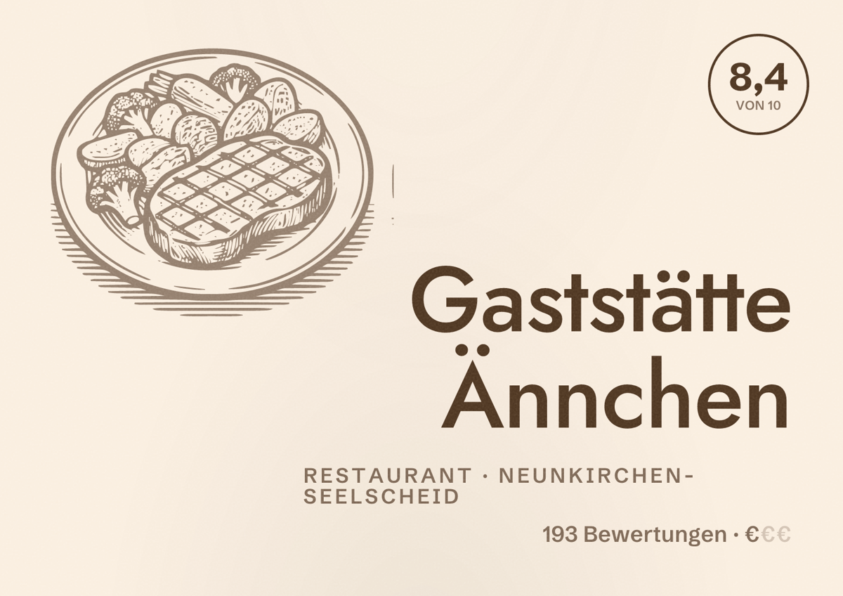Illustriertes Poster von Gaststätte Ännchen, Restaurant in Neunkirchen-Seelscheid: Bewertung 8,4 von 10 aus 193 Bewertungen, Preisniveau €