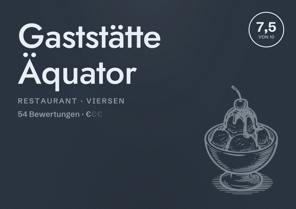 Illustriertes Poster von Gaststätte Äquator, Restaurant in Viersen: Bewertung 7,5 von 10 aus 54 Bewertungen, Preisniveau €
