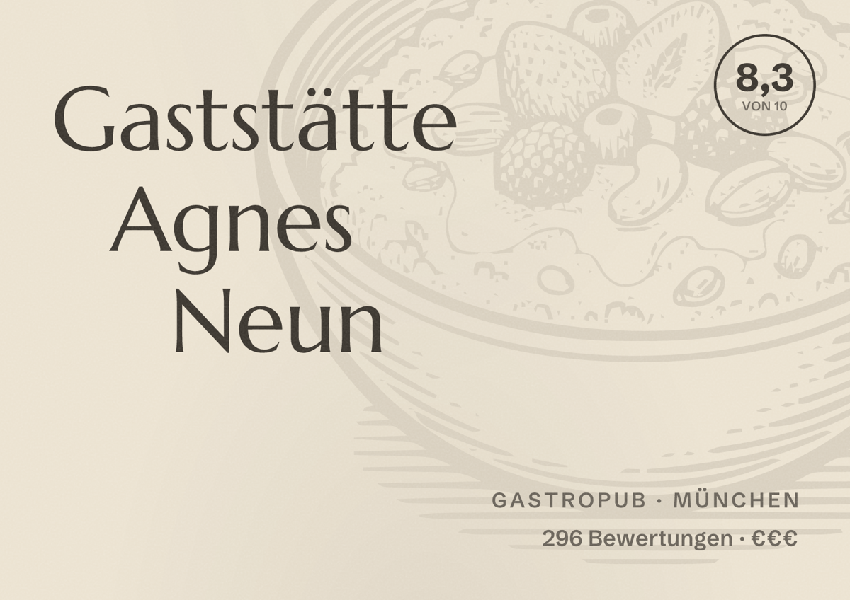 Illustriertes Poster von Gaststätte Agnes Neun, Gastropub in München: Bewertung 8,3 von 10 aus 296 Bewertungen, Preisniveau €€€