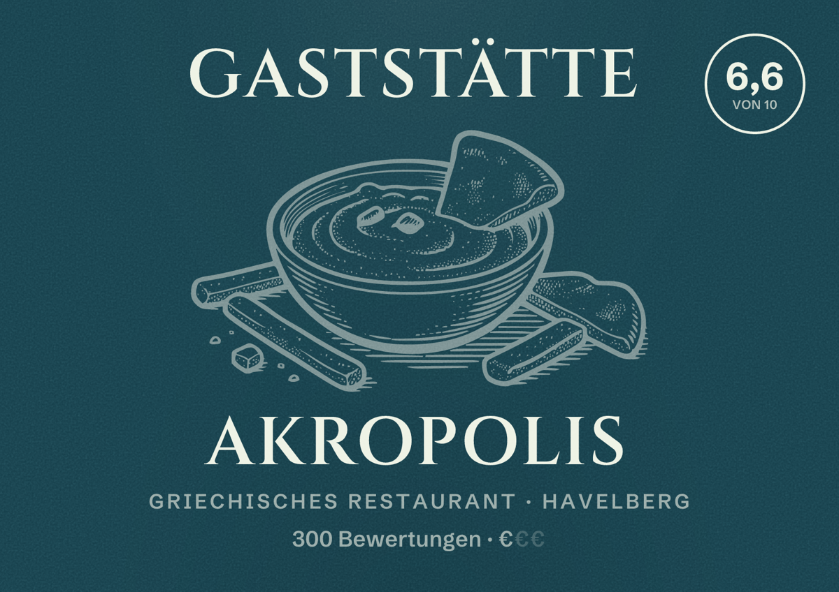 Illustriertes Poster von Gaststätte Akropolis, Griechisches Restaurant in Havelberg: Bewertung 6,6 von 10 aus 300 Bewertungen, Preisniveau €