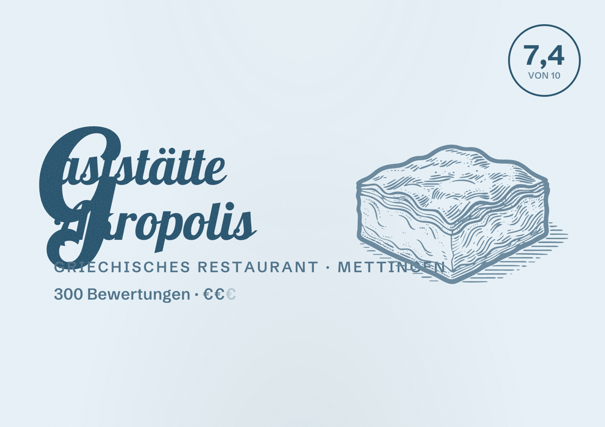Illustriertes Poster von Gaststätte Akropolis, Griechisches Restaurant in Mettingen: Bewertung 7,4 von 10 aus 300 Bewertungen, Preisniveau €€