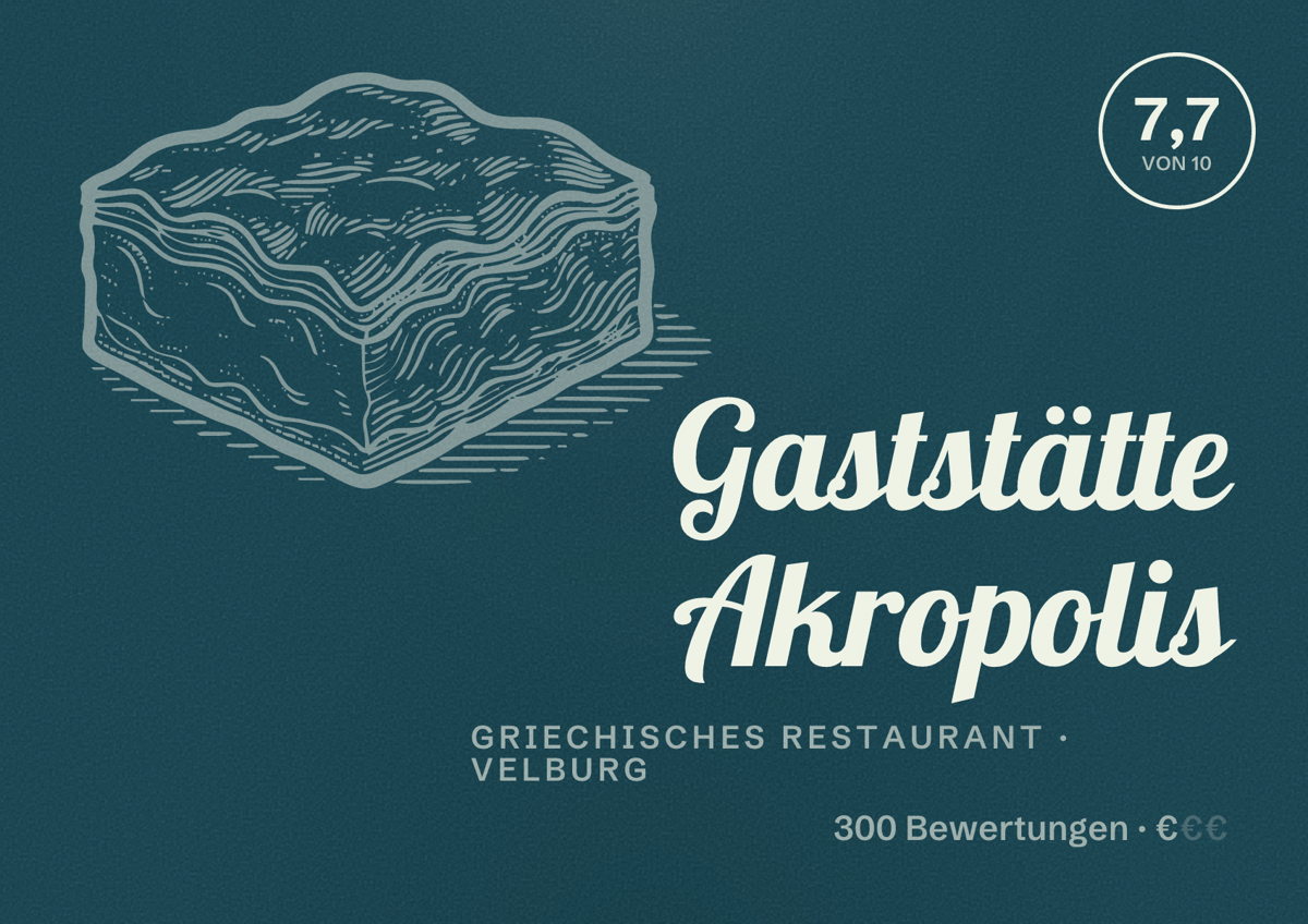 Illustriertes Poster von Gaststätte Akropolis, Griechisches Restaurant in Velburg: Bewertung 7,7 von 10 aus 300 Bewertungen, Preisniveau €