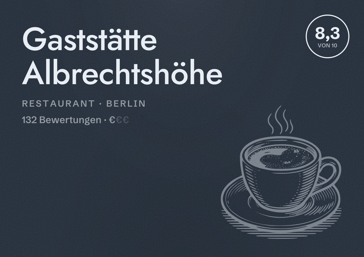 Illustriertes Poster von Gaststätte Albrechtshöhe, Restaurant in Berlin: Bewertung 8,3 von 10 aus 132 Bewertungen, Preisniveau €