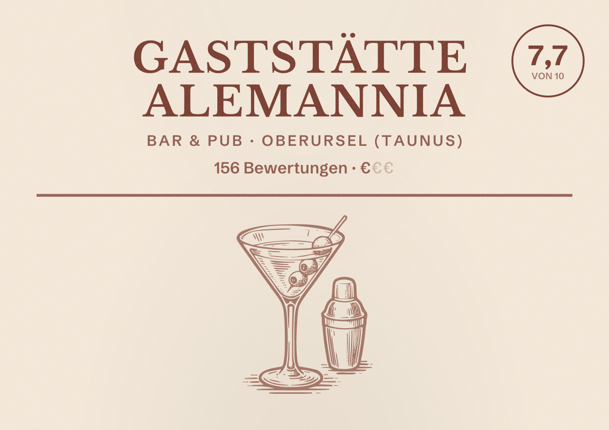 Illustriertes Poster von Gaststätte Alemannia, Bar & Pub in Oberursel (Taunus): Bewertung 7,7 von 10 aus 156 Bewertungen, Preisniveau €
