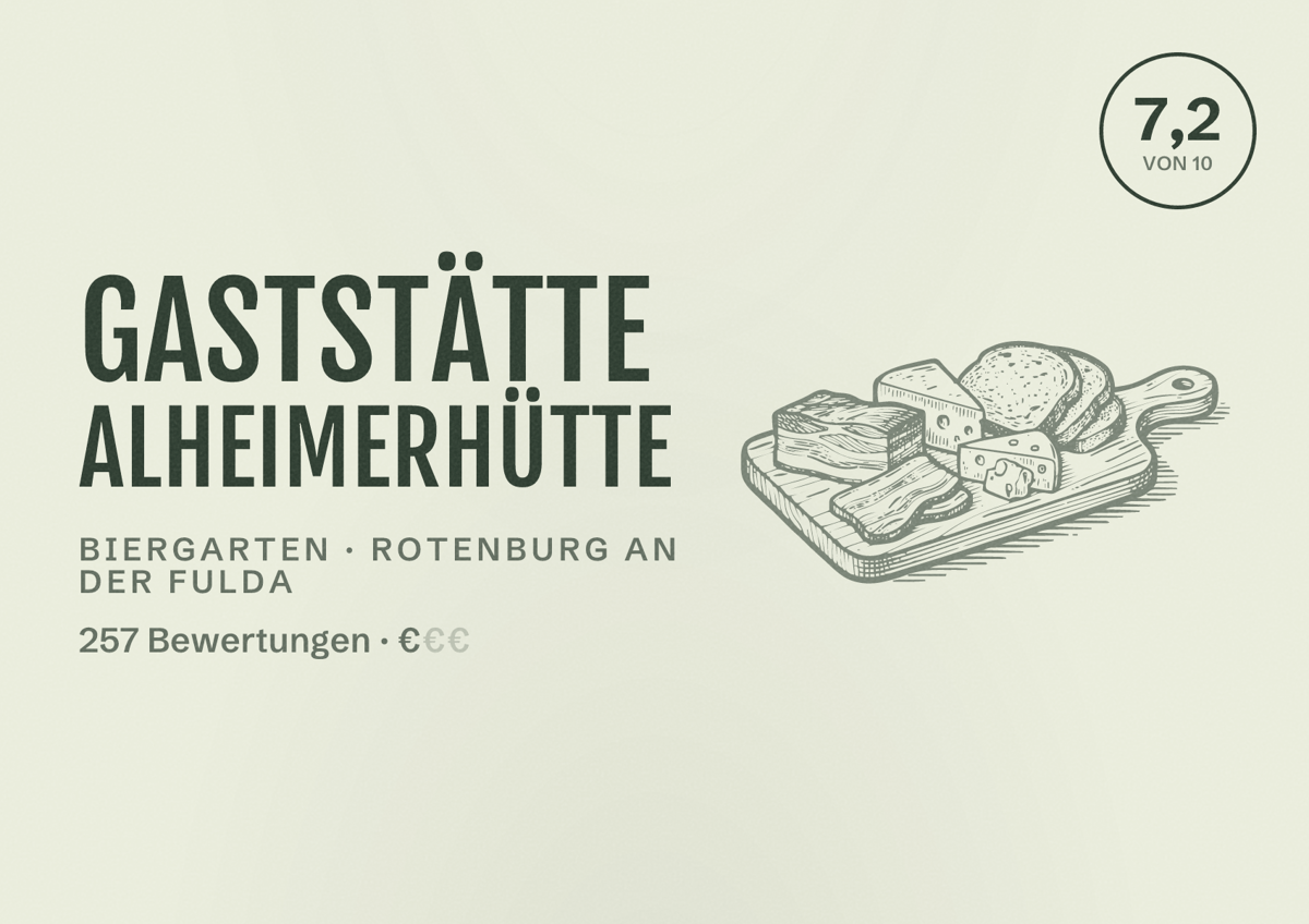 Illustriertes Poster von Gaststätte Alheimerhütte, Biergarten in Rotenburg an der Fulda: Bewertung 7,2 von 10 aus 257 Bewertungen, Preisniveau €