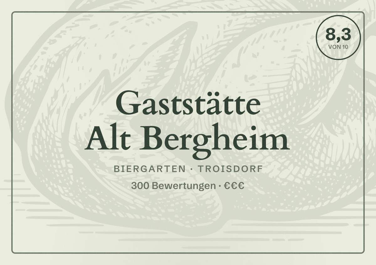Illustriertes Poster von Gaststätte Alt Bergheim, Biergarten in Troisdorf: Bewertung 8,3 von 10 aus 300 Bewertungen, Preisniveau €€€