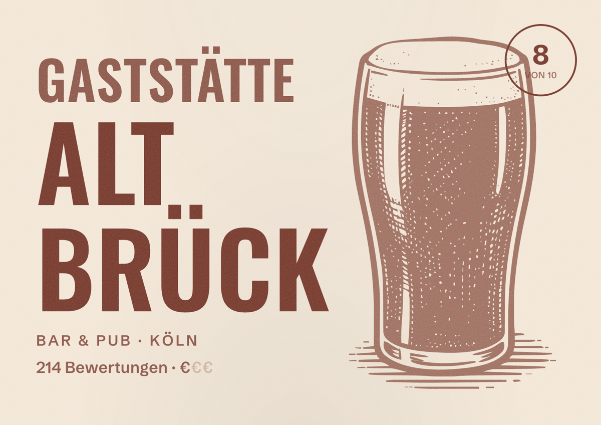 Illustriertes Poster von Gaststätte Alt Brück, Bar & Pub in Köln: Bewertung 8 von 10 aus 214 Bewertungen, Preisniveau €