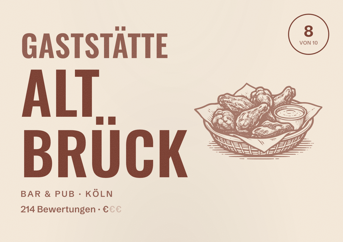 Illustriertes Poster von Gaststätte Alt Brück, Bar & Pub in Köln: Bewertung 8,0 von 10 aus 214 Bewertungen, Preisniveau €