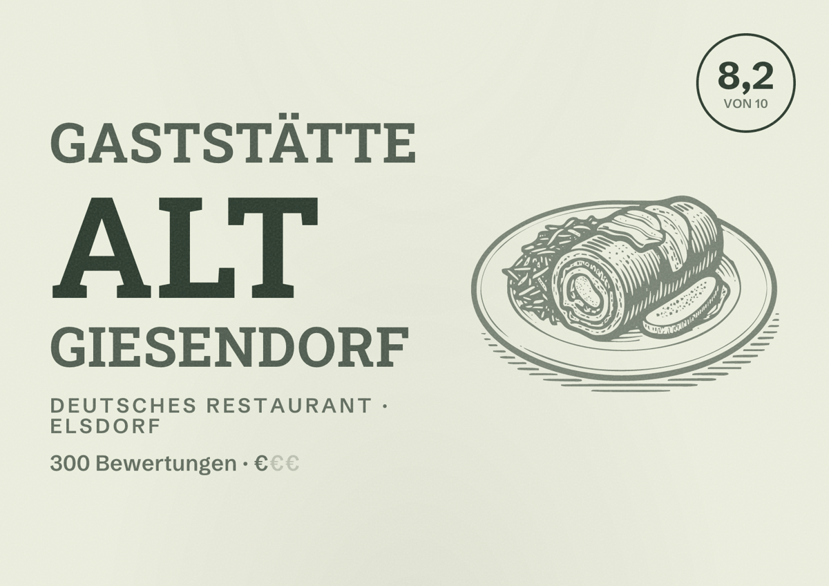 Illustriertes Poster von Gaststätte Alt Giesendorf, Deutsches Restaurant in Elsdorf: Bewertung 8,2 von 10 aus 300 Bewertungen, Preisniveau €