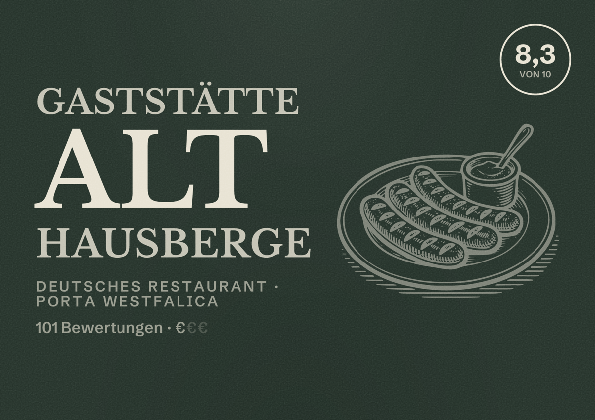 Illustriertes Poster von Gaststätte Alt Hausberge, Deutsches Restaurant in Porta Westfalica: Bewertung 8,3 von 10 aus 101 Bewertungen, Preisniveau €