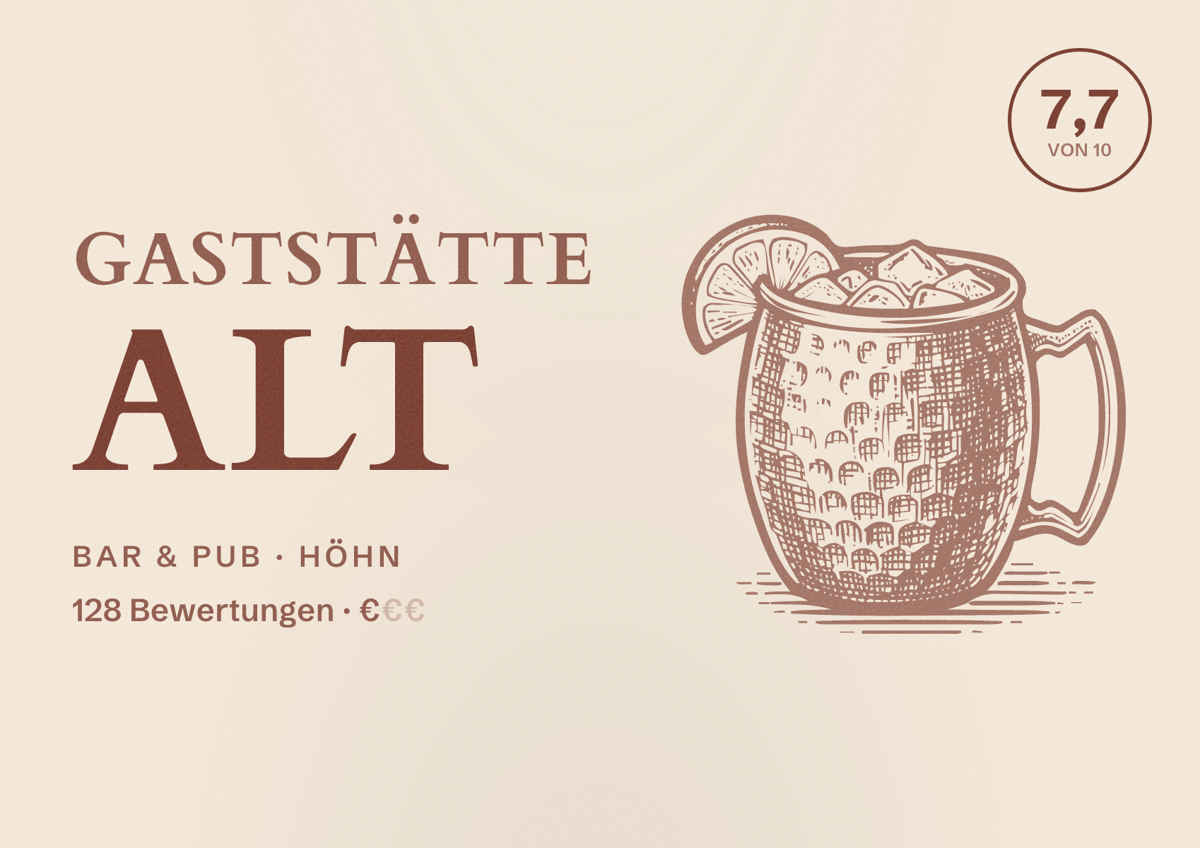 Illustriertes Poster von Gaststätte Alt, Bar & Pub in Höhn: Bewertung 7,7 von 10 aus 128 Bewertungen, Preisniveau €