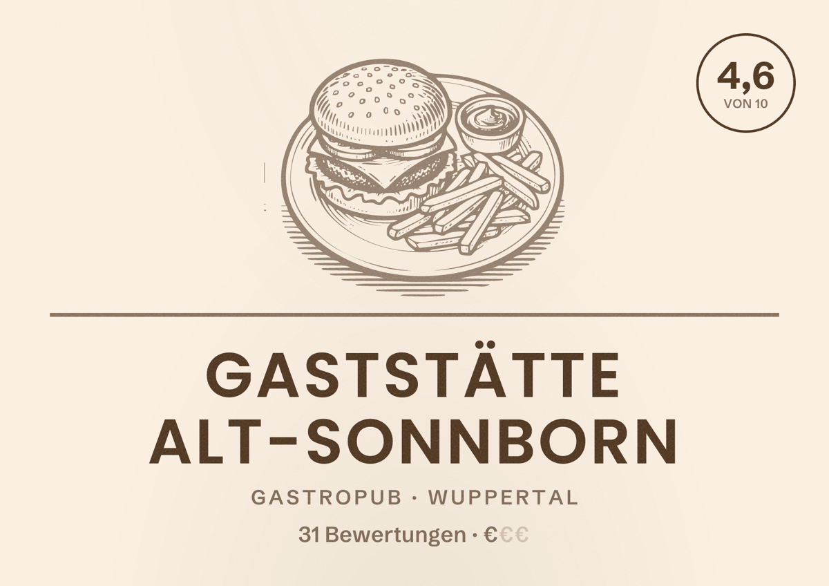 Illustriertes Poster von Gaststätte Alt-Sonnborn, Gastropub in Wuppertal: Bewertung 4,6 von 10 aus 31 Bewertungen, Preisniveau €