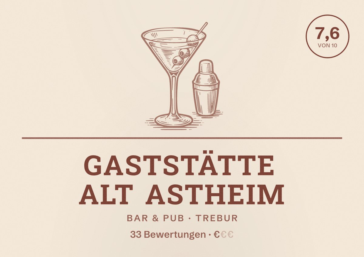 Illustriertes Poster von Gaststätte Alt Astheim, Bar & Pub in Trebur: Bewertung 7,6 von 10 aus 33 Bewertungen, Preisniveau €