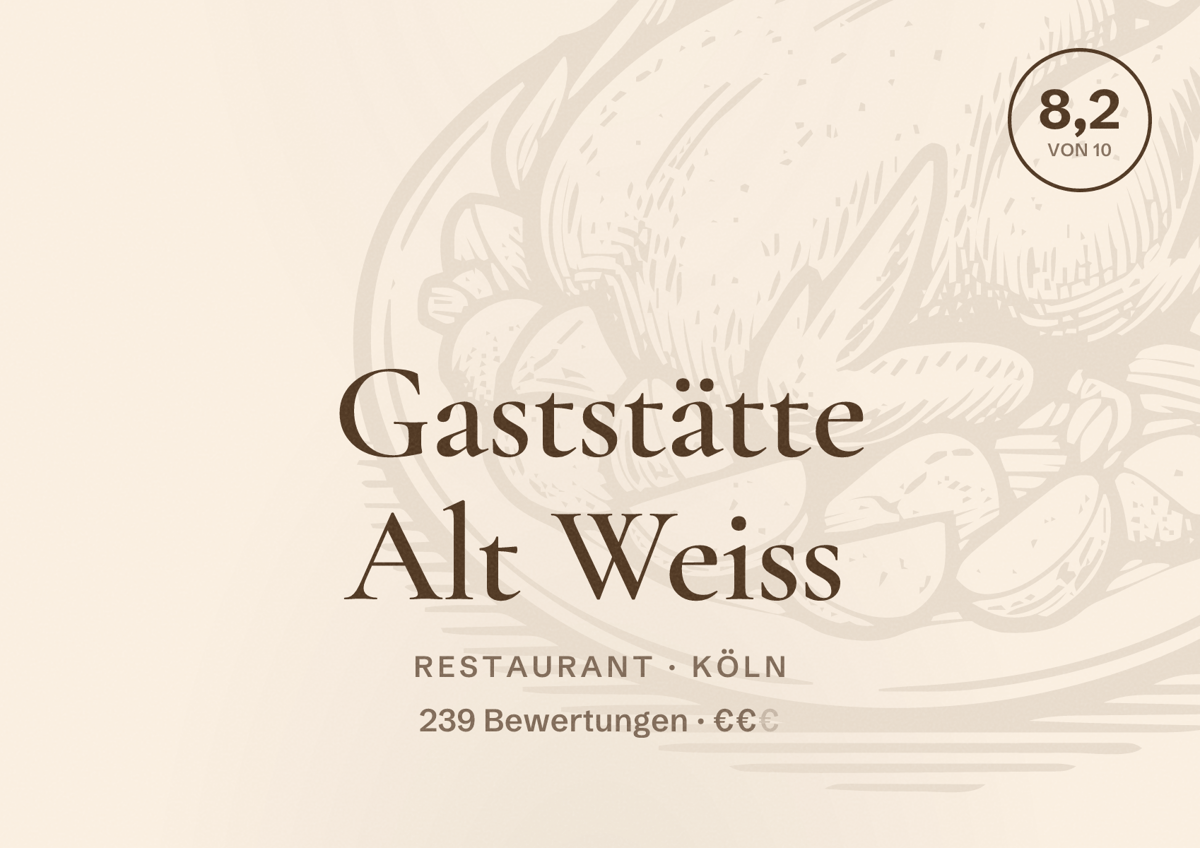 Illustriertes Poster von Gaststätte Alt Weiss, Restaurant in Köln: Bewertung 8,2 von 10 aus 239 Bewertungen, Preisniveau €€