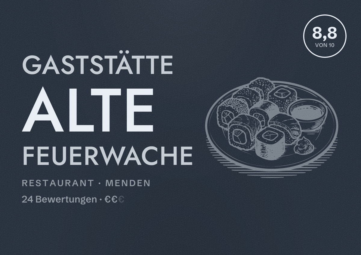 Illustriertes Poster von Gaststätte Alte Feuerwache, Restaurant in Menden: Bewertung 8,8 von 10 aus 24 Bewertungen, Preisniveau €€