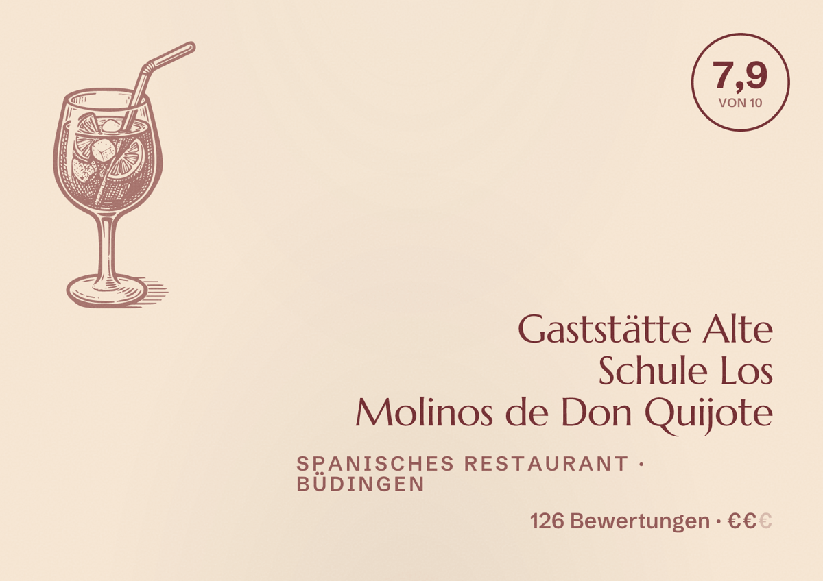 Illustriertes Poster von Gaststätte Alte Schule Los Molinos de Don Quijote, Spanisches Restaurant in Büdingen: Bewertung 7,9 von 10 aus 126 Bewertungen, Preisniveau €€