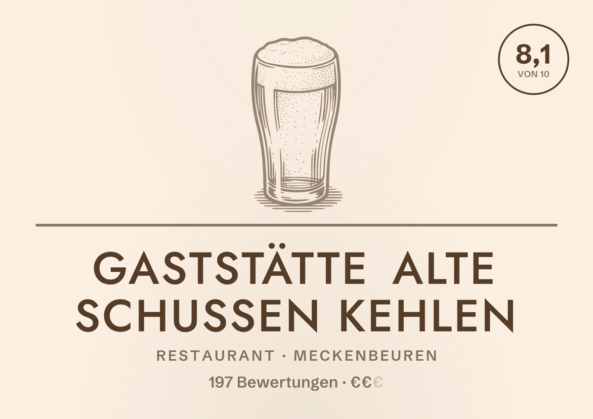 Illustriertes Poster von Gaststätte Alte Schussen Kehlen, Restaurant in Meckenbeuren: Bewertung 8,1 von 10 aus 197 Bewertungen, Preisniveau €€