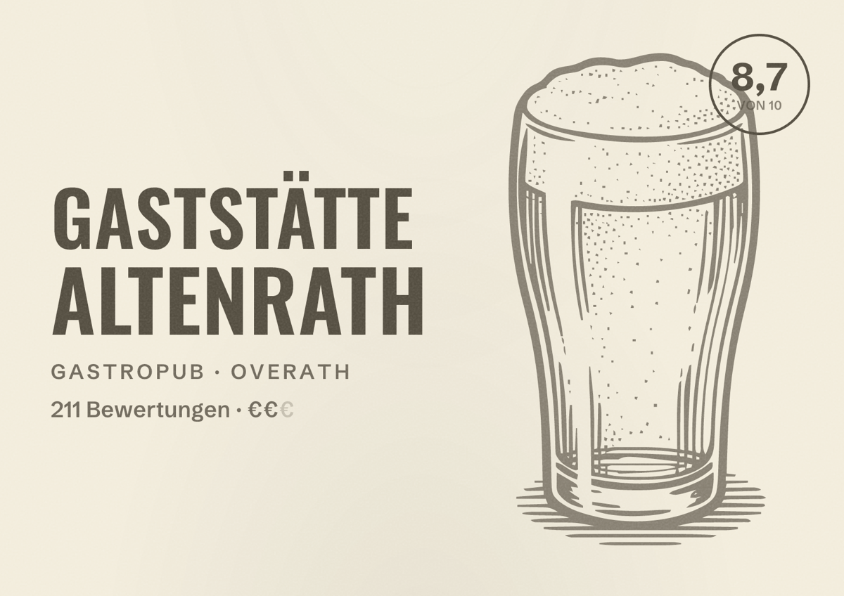 Illustriertes Poster von Gaststätte Altenrath, Gastropub in Overath: Bewertung 8,7 von 10 aus 211 Bewertungen, Preisniveau €€