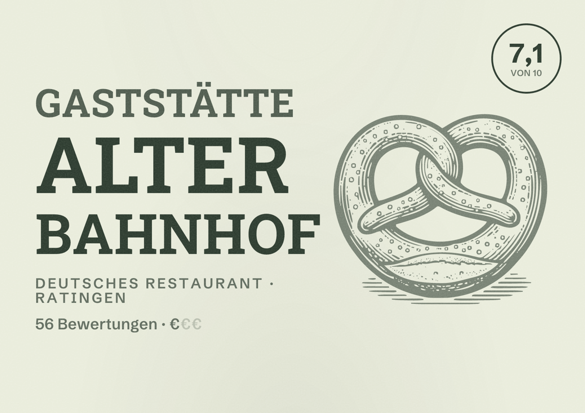 Illustriertes Poster von Gaststätte Alter Bahnhof, Deutsches Restaurant in Ratingen: Bewertung 7,1 von 10 aus 56 Bewertungen, Preisniveau €