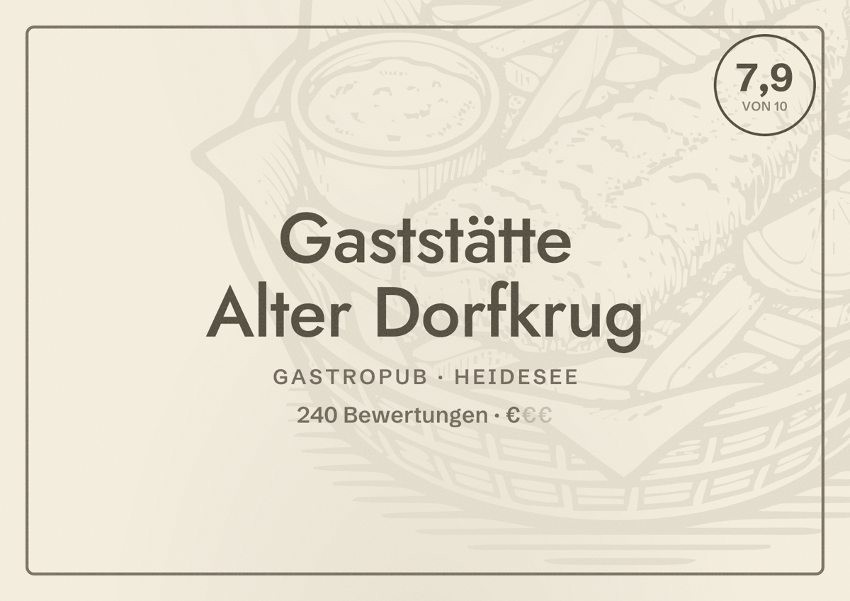 Illustriertes Poster von Gaststätte Alter Dorfkrug, Gastropub in Heidesee: Bewertung 7,9 von 10 aus 240 Bewertungen, Preisniveau €