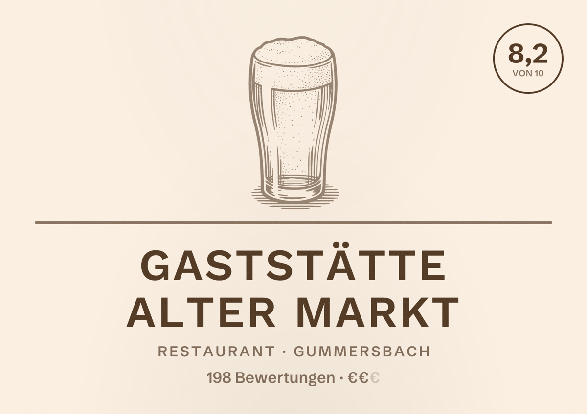 Illustriertes Poster von Gaststätte Alter Markt, Restaurant in Gummersbach: Bewertung 8,2 von 10 aus 198 Bewertungen, Preisniveau €€