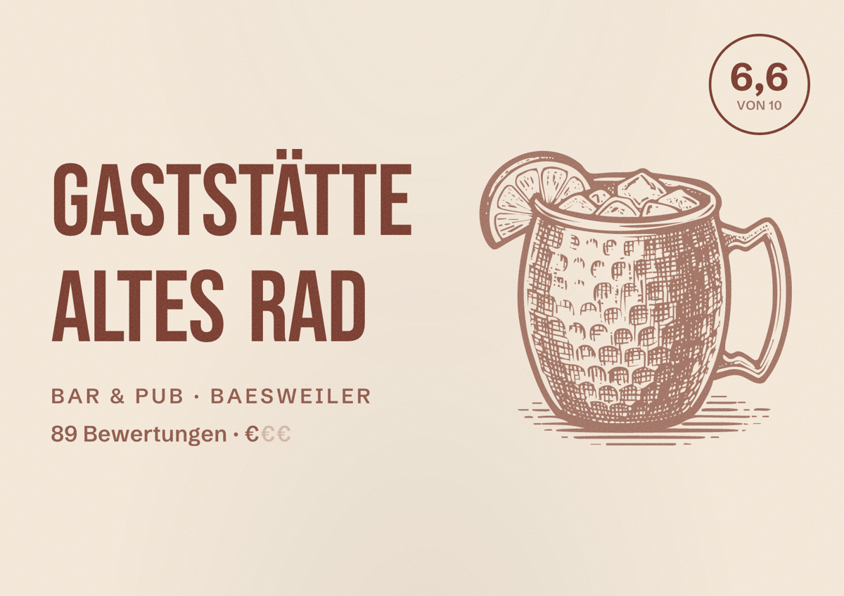 Illustriertes Poster von Gaststätte Altes Rad, Bar & Pub in Baesweiler: Bewertung 6,6 von 10 aus 89 Bewertungen, Preisniveau €