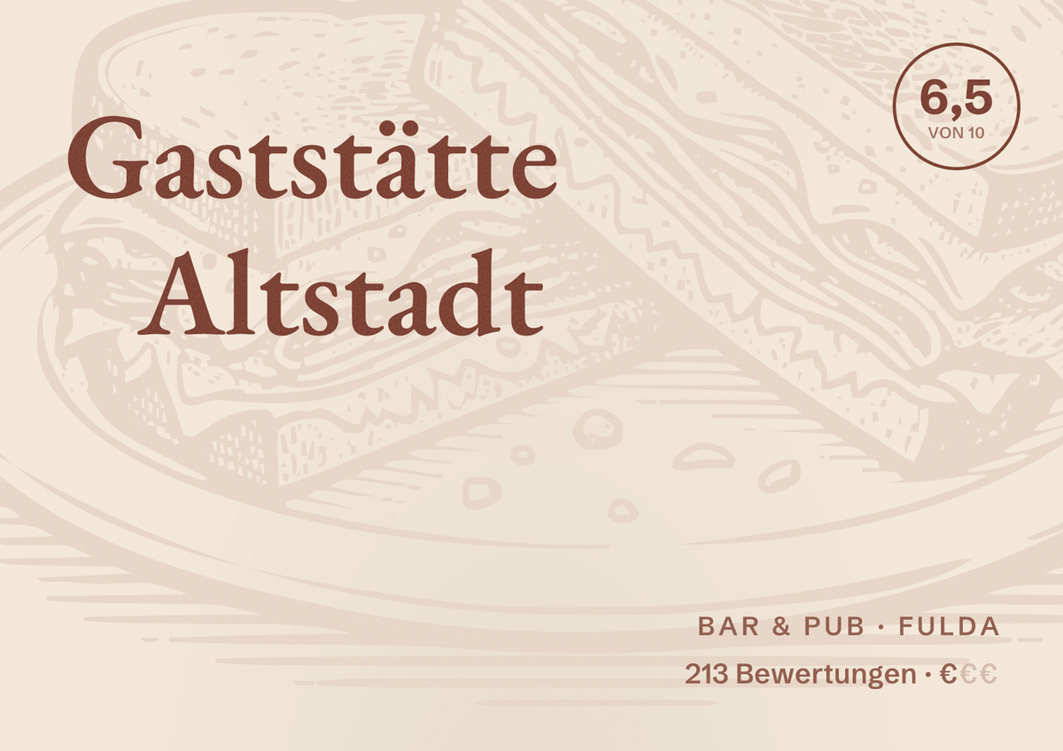 Illustriertes Poster von Gaststätte Altstadt, Bar & Pub in Fulda: Bewertung 6,5 von 10 aus 213 Bewertungen, Preisniveau €