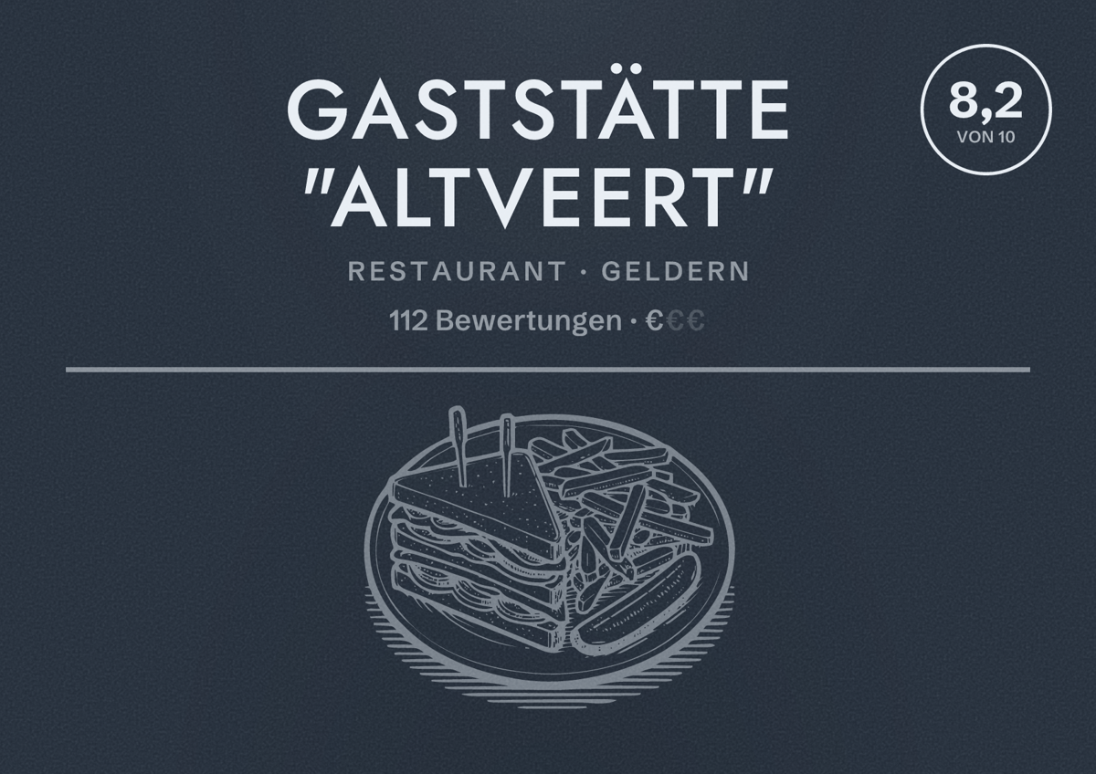 Illustriertes Poster von Gaststätte "AltVeert", Restaurant in Geldern: Bewertung 8,2 von 10 aus 112 Bewertungen, Preisniveau €