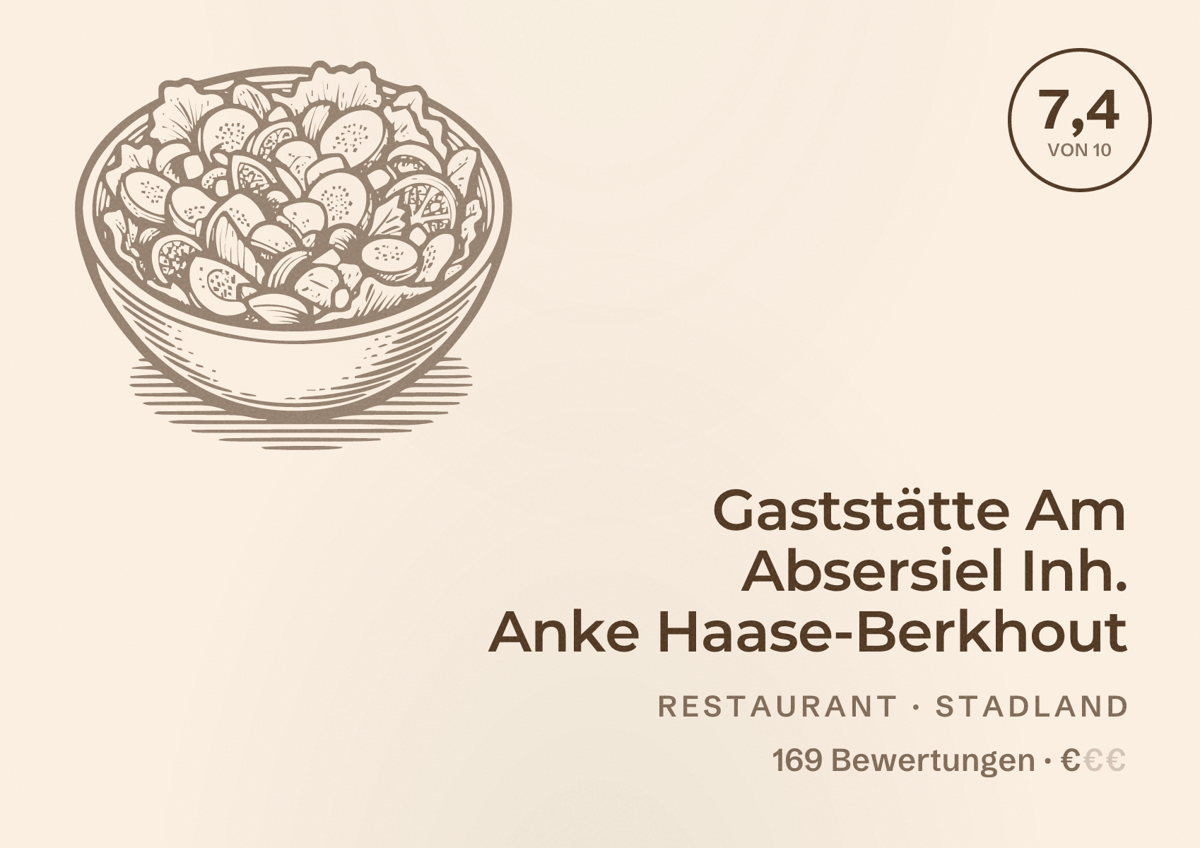 Illustriertes Poster von Gaststätte Am Absersiel Inh. Anke Haase-Berkhout, Restaurant in Stadland: Bewertung 7,4 von 10 aus 169 Bewertungen, Preisniveau €
