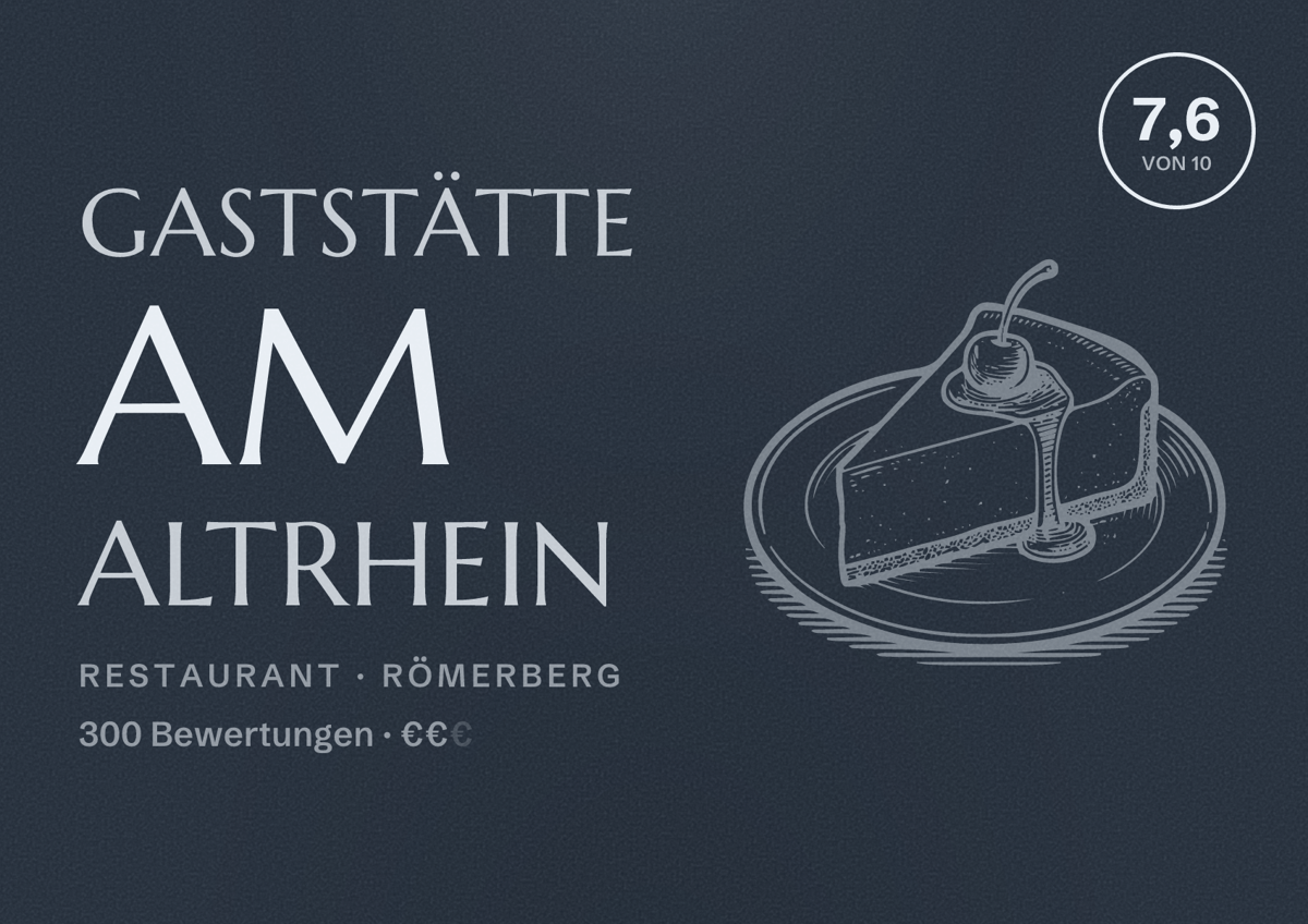 Illustriertes Poster von Gaststätte Am Altrhein, Restaurant in Römerberg: Bewertung 7,6 von 10 aus 300 Bewertungen, Preisniveau €€