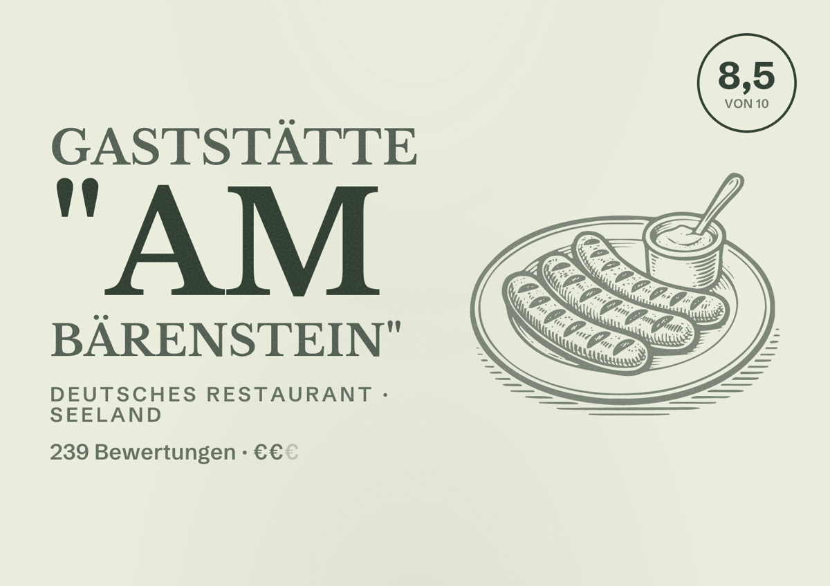 Illustriertes Poster von Gaststätte "Am Bärenstein", Deutsches Restaurant in Seeland: Bewertung 8,5 von 10 aus 239 Bewertungen, Preisniveau €€