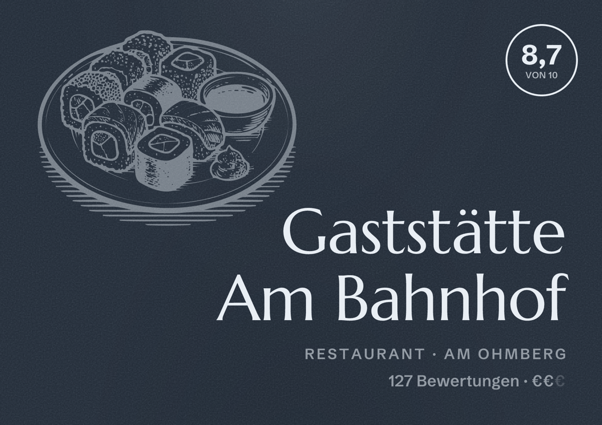 Illustriertes Poster von Gaststätte Am Bahnhof, Restaurant in Am Ohmberg: Bewertung 8,7 von 10 aus 127 Bewertungen, Preisniveau €€