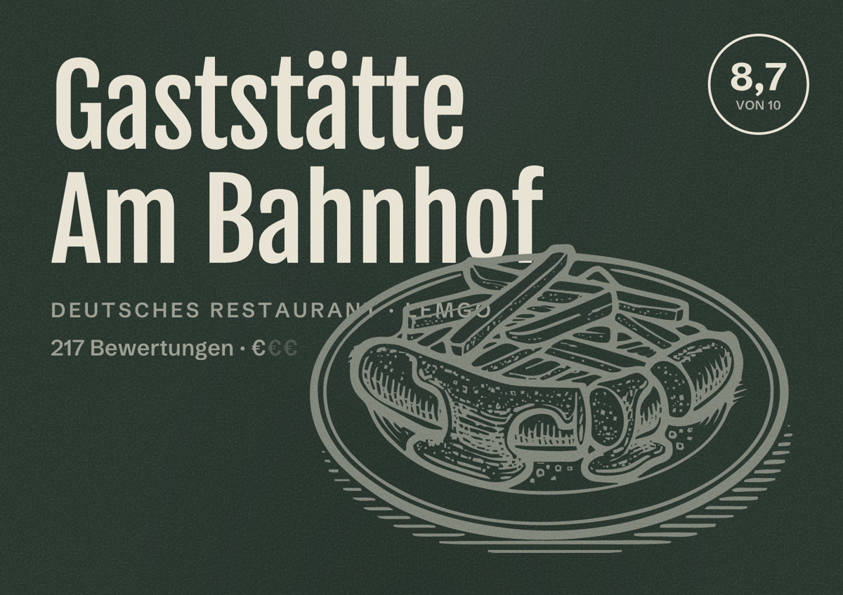 Illustriertes Poster von Gaststätte Am Bahnhof, Deutsches Restaurant in Lemgo: Bewertung 8,7 von 10 aus 217 Bewertungen, Preisniveau €